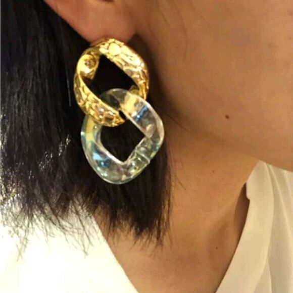 Gold Statement Hoop Earrings Chunky Clear Resin Chain Link Oversized 💖 - Picture 8 of 12